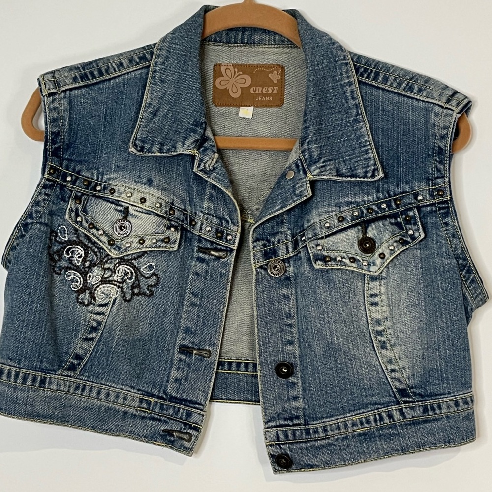 Collared Jeans Vest Studded & Embroidered